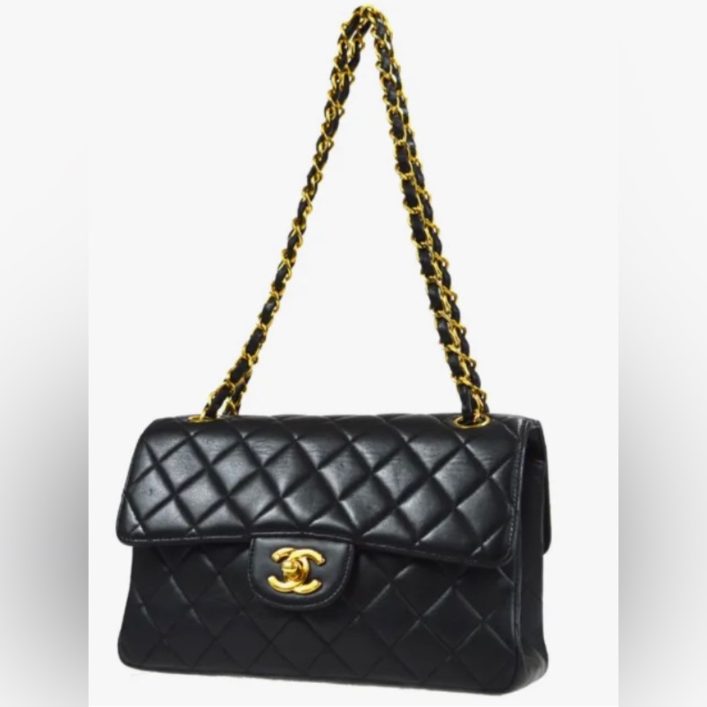 Chanel Black Lambskin Double sided Logo flap shoulder bag.